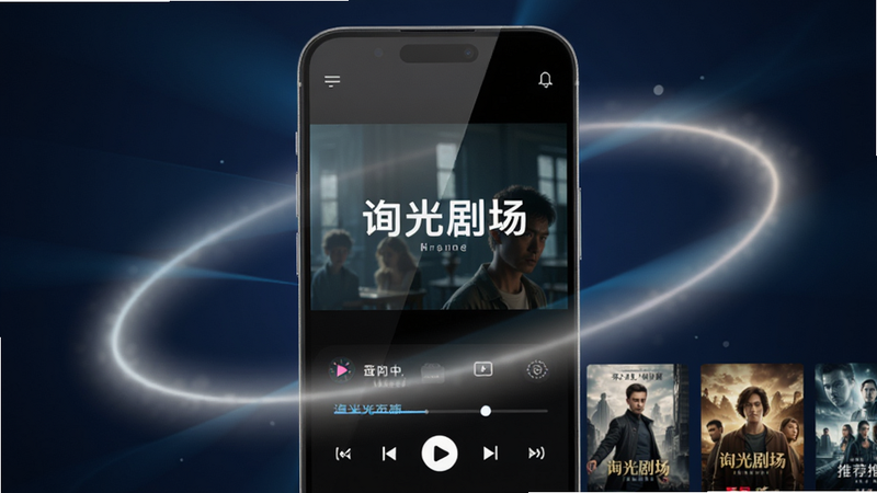 画面中央展示一部正在播放高清电影的智能手机,屏幕中显示出“洵光剧场”的界面,周围环绕着柔和的光影效果,背景是深蓝色的科技感渐变,手机下方有播放控制条和推荐影片海报,整体布局简洁现代,风格偏向互联网科技风,细节包括屏幕反光和光晕效果,画质清晰干净,无多余元素