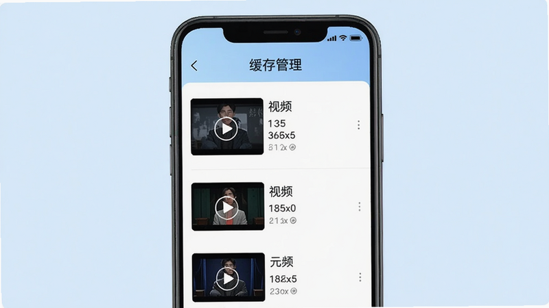 一张展示手机屏幕上“洵光剧场”应用内缓存管理界面的图片,界面以列表形式显示已缓存的视频文件,每个文件带有缩略图和大小信息,顶部有“缓存管理”标题,背景是浅蓝色,风格简洁清晰,突出离线下载功能
