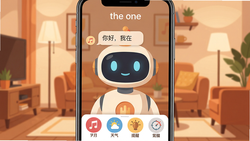 主体:the one应用主界面,展示智能陪伴机器人形象与用户对话场景,背景为温馨的客厅环境。布局:界面中央为对话气泡,上方为软件名称“the one”,下方为功能图标排列。排版:左右对称,信息层级分明,突出对话内容。风格:扁平化设计,色彩柔和,以暖色调为主。细节:对话气泡内有“你好,我在”文字,功能图标包含音乐、天气、提醒等。画质:高清渲染,干净无多余元素。