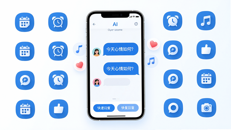 主体:the one智能陪伴引擎工作示意图,手机屏幕中显示AI助手与用户聊天气泡,旁边有爱心和音乐符号。布局:手机居中,周围环绕功能图标,如日历、闹钟、音乐。排版:图标排列有序,突出对话内容。风格:现代简约,蓝白配色。细节:聊天气泡中显示“今天心情如何?”文字,底部有快捷回复按钮。画质:细腻清晰,无杂乱元素。