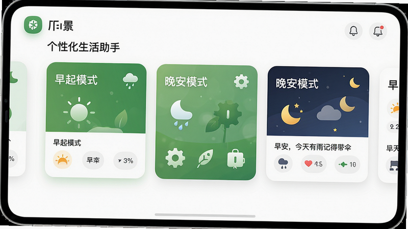 主体:the one个性化生活助手界面,展示用户自定义的场景卡片,如“早起模式”、“晚安模式”。布局:卡片式布局,每张卡片上有场景名称和对应功能图标。排版:横向滑动,清晰直观。风格:清新自然,绿白配色。细节:卡片上显示“早安,今天有雨记得带伞”等文字。画质:高分辨率,干净整洁。