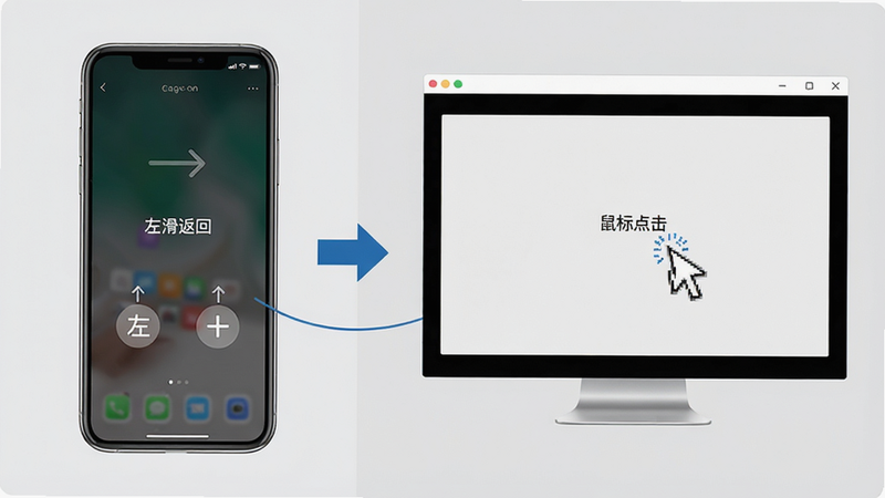 主体:the one应用在手机和电脑上使用的对比图,左侧为手机,右侧为电脑模拟器窗口。布局:左右分割,中间有箭头连接。排版:简洁直观,突出操作差异。风格:对比鲜明,浅灰色背景。细节:手机屏幕显示“左滑返回”手势,电脑屏幕显示“鼠标点击”操作。画质:高清,干净无杂物。