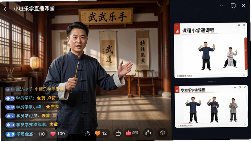小糖乐学直播课堂界面,名师在古色古香的演武厅内授课,屏幕下方滚动显示学员弹幕与点赞,右侧有课程PPT与动作示范小窗,画面色彩明亮,风格传统与现代结合,细节丰富,画质高清