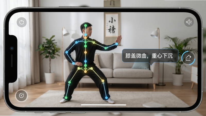 小糖乐学智能纠错功能界面,手机屏幕显示用户练习太极动作的实时画面,画面中人体骨骼关键点被高亮标注,旁边弹出文字提示“膝盖微曲,重心下沉”,背景为简洁的客厅环境,界面科技感与实用性并存,画质清晰,焦点突出