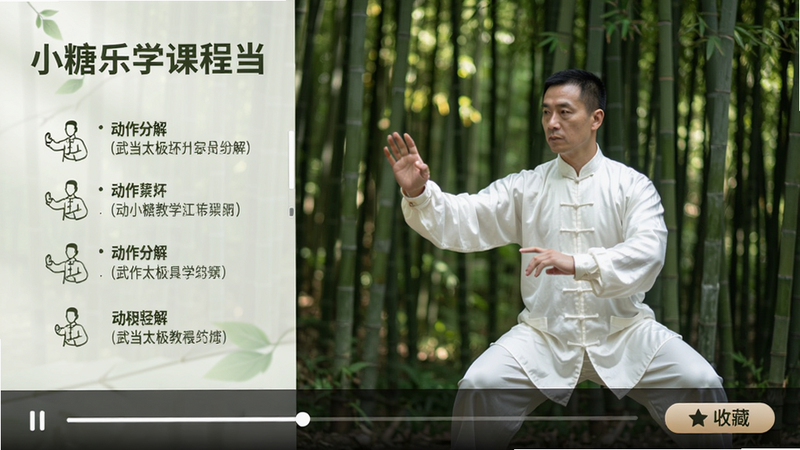 小糖乐学课程详情页,展示武当太极教学视频截图,教练身着白色练功服在竹林前演示动作,画面左侧有动作分解文字说明,下方有播放进度条和收藏按钮,风格自然清新,画质细腻,干净无杂物