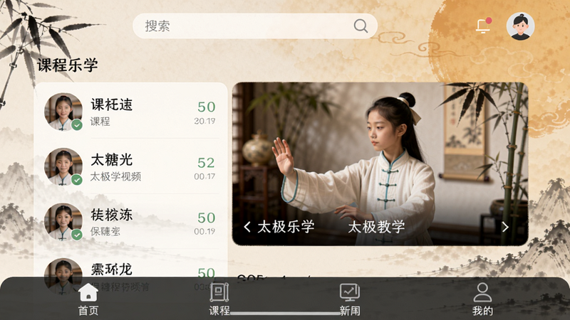 小糖乐学APP主界面截图,展示课程列表与太极教学视频封面,界面以淡雅水墨风为主,搭配暖色调背景,顶部有搜索栏和用户头像,下方为功能导航栏,布局清晰,风格简约,画质高清,干净无多余元素