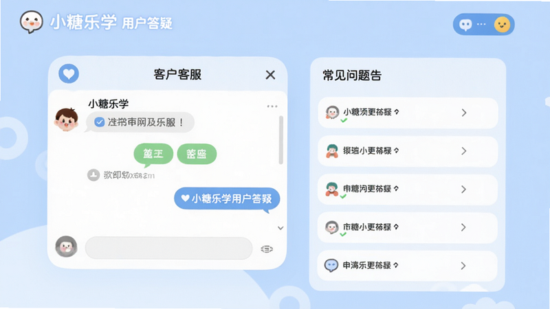 小糖乐学用户答疑界面,展示客服对话框与常见问题列表,背景为柔和蓝色,风格友好,字迹清晰,画质干净