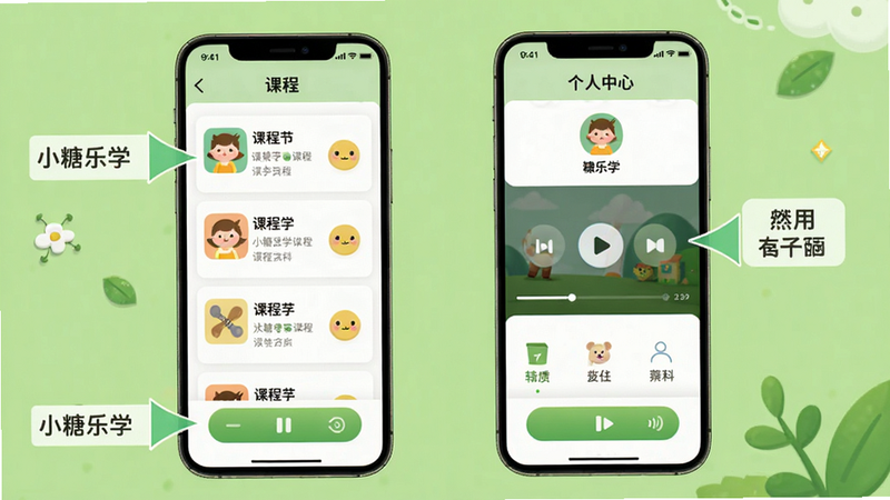 小糖乐学使用指南插图,展示手机端操作界面,包含课程列表、播放界面、个人中心等,用箭头标注关键按钮,背景为清新绿色,风格简洁,画质清楚
