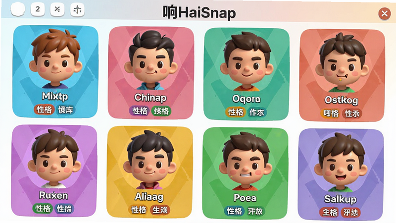 һ��չʾ��ָHaiSnap��ɫ���ƹ��ܵĽ��棬��Ļ���ж����ͨͷ��ÿ��ͷ���·���ע��ɫ���ƺ��Ը��ǩ������ɫ�ʷḻ���������룬���ʸɾ�������ͻ����ϸ�ڷḻ���޶���Ԫ��