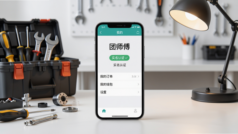 ���壺һ�������ֻ�ƽ�������棬��Ļ��ʾ����ʦ����App�ġ��ҵġ�ҳ�棬�������ҵĶ����������ҵ�Ǯ�����͡����á�ѡ����֣��ֻ�ռ�ݻ������ģ����ڷ��Ź������ά��������Ҳ���һյ̨�ƣ�����Ϊ���Ĺ����һ������Ű棺�ֻ���Ļ����չʾ��������Χ���߰ڷ����򡣷��дʵ��Ӱ��񣬹���������͡�ϸ�ڣ���Ļ���С���ʦ���������͡�ʵ����֤����ɫ�Թ�ͼ�꣬������������˿���Ͱ��֡����ʣ����壬�ɾ����޶���Ԫ�ء�