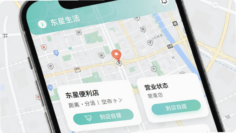 ��������app�ŵ��б�ҳ�棬չʾ�����������ͼ�ֲ����ŵ����鿨Ƭ����Ƭ�����������ơ����롢Ӫҵ״̬�͡��������ᡱ��ť����ͼ����Ϊ�ֵ�����UI����ִ���࣬ɫ�����£������������޶���Ԫ�ء�