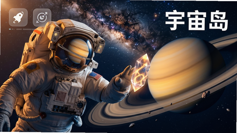 主体:一名宇航员漂浮在土星环上方,伸出右手触碰一颗发光的晶体;布局:宇航员位于画面左侧,土星与环带占据右侧背景,两者形成视觉互动;排版:画面左上角有半透明的UI图标,右上角显示“宇宙岛”的白色艺术字;风格:科幻电影质感,光影柔和,色彩以橙黄与深蓝为主;细节:宇航员面罩反射出土星的倒影,晶体内部有流动的光纹,背景中可见遥远的银河与细小陨石;画质:高清渲染,细节丰富,画面干净,无多余元素