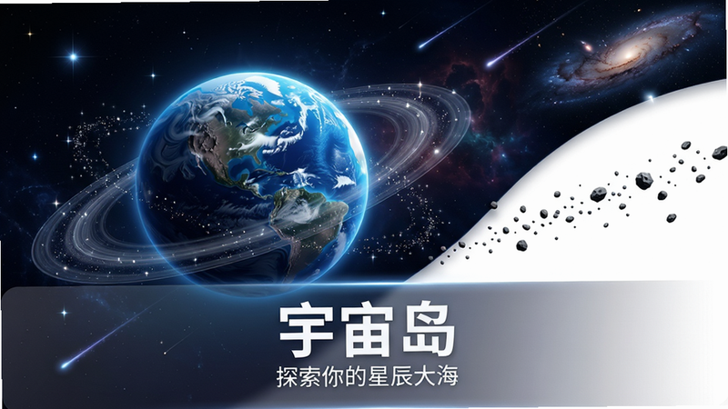 主体:一个发光的蓝色星球悬浮在深邃的宇宙背景中,周围环绕着半透明的星环与闪烁的星尘;布局:星球位于画面中央偏左,右侧留白区域点缀小行星带与远方的星云,整体呈对角线构图;排版:画面下方三分之一处有半透明的渐变信息面板,上面显示“宇宙岛”三个白色大字与一行小字“探索你的星辰大海”;风格:科幻写实,色彩深邃华丽,光影层次丰富;细节:星球表面有细腻的陨石坑与流动的云层纹理,星环由无数微小的光点组成,背景中散布着大小不一的星星与流星轨迹;画质:8K超高清,画面干净,无多余元素,无文字水印