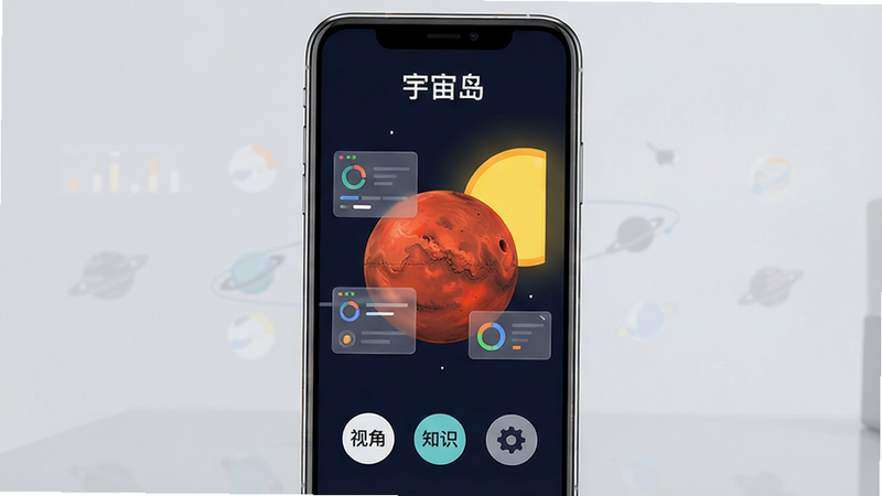 主体:一部智能手机竖立在桌面上,屏幕显示宇宙岛的星球浏览界面;布局:手机位于画面中央,屏幕中展示一颗红色火星与半个黄色太阳,周围有半透明的数据浮窗;排版:屏幕上方有“宇宙岛”的字样,下方有三个圆形按钮(视角、知识、设置);风格:简约扁平化,色调明亮,背景为浅灰色桌面;细节:手机边缘有细腻的高光,屏幕内容清晰可辨,桌面倒影隐约可见;画质:高清渲染,干净整洁,无多余元素