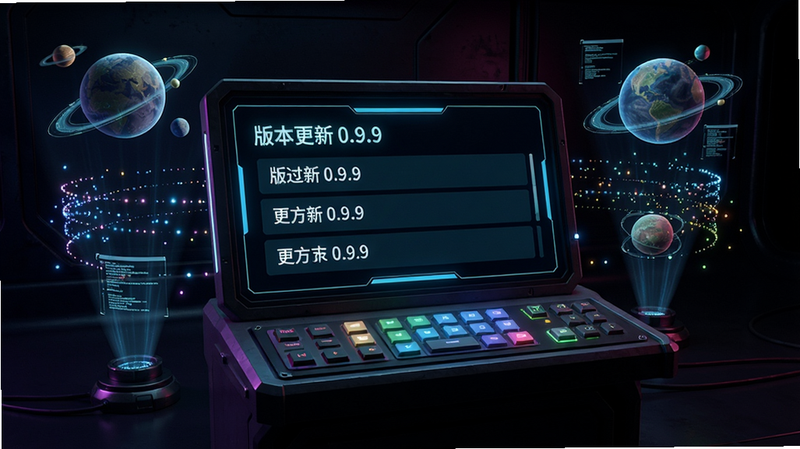 主体:一个充满未来感的虚拟控制台,屏幕显示宇宙岛的更新日志界面;布局:控制台位于画面中央,周围有全息投影的星球与数据流;排版:控制台屏幕上显示“版本更新 0.9.9”与几条更新条目,字体清晰;风格:赛博朋克风格,霓虹色调,暗色背景;细节:控制台按钮有发光效果,数据流由光点组成,整体氛围科技感十足;画质:高清渲染,干净,无多余元素
