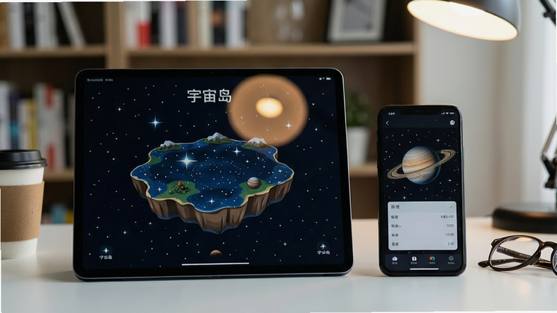 主体:一台平板电脑与一部手机并排放在书桌上,屏幕均显示宇宙岛的星图界面;布局:平板位于左侧,手机位于右侧,两者屏幕内容不同但风格统一;排版:平板屏幕上显示“宇宙岛”的标题,手机屏幕显示一个行星的详细参数面板;风格:写实摄影风格,光线自然,背景为模糊的书架;细节:屏幕反射出顶灯的光晕,桌面有咖啡杯与眼镜,画面整洁;画质:高清,干净,无多余元素