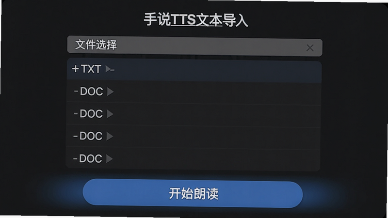 ��˵TTS�ı�����ҳ�棬��ʾ�ļ�ѡ���б�������TXT��DOC�ȸ�ʽ���ײ��С���ʼ�ʶ�����ť��������������ʾ������Ŀ�����ʸɾ����޶���Ԫ��