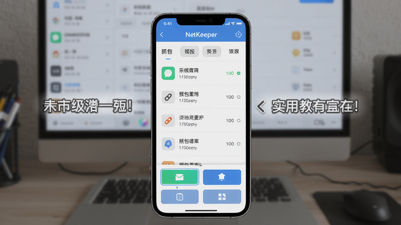 ���壺NetKeeper�ֻ����棬չʾץ���б��͹��ܰ�ť�������в�����ʾ�����֣��ֻ����У������������Ű棺�ص㰴ť���������ʵ�ý̷̳�񣬻����������ɾ��޶���Ԫ�ء�