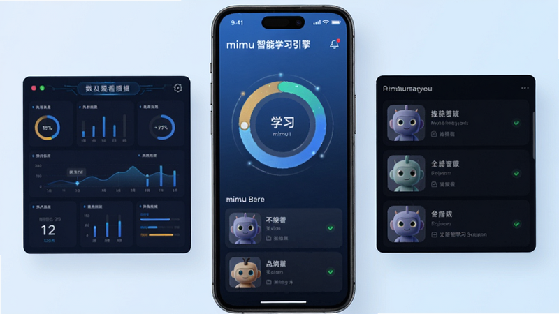 一张展示mimu智能学习引擎功能的示意图,主体为手机界面上的学习进度环与推荐列表,背景为淡蓝色渐变,布局左右对称,左侧为数据看板,右侧为推荐内容,风格科技感强,画质干净,无多余元素
