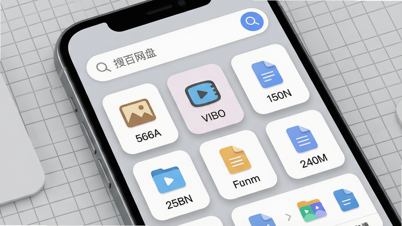 主体:手机屏幕显示百百网盘免费的智能文件管理界面,文件按图片、视频、文档等分类卡片排列,背景为简洁的灰色网格。布局:屏幕上方为搜索栏,下方为分类卡片,卡片大小一致,排列整齐,每个卡片上有对应类型的图标和文件数量。排版:界面清爽,卡片间距均匀,搜索栏突出。风格:简约实用风格,色彩柔和,图标简洁明了。细节:卡片带有圆角,图标有阴影,搜索栏有放大镜图标。画质:高清渲染,干净无多余元素。