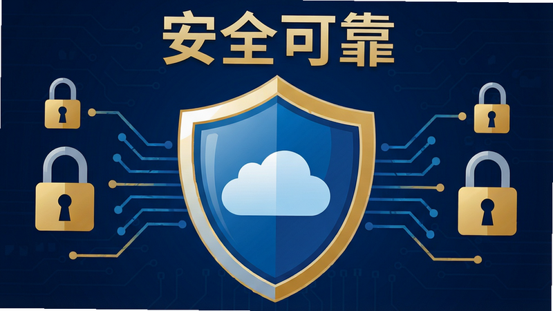 主体:一个盾牌图标,盾牌中心有云朵图案,周围环绕着锁和加密线条,背景为深蓝色科技背景。布局:盾牌居中,锁和线条对称分布在两侧,上方有“安全可靠”字样。排版:中心突出,视觉焦点明确,文字清晰。风格:扁平化与科技感结合,色彩以蓝色和金色为主。细节:盾牌有光泽,锁头有钥匙孔,背景有微弱的电路板纹路。画质:高清渲染,干净无多余元素。