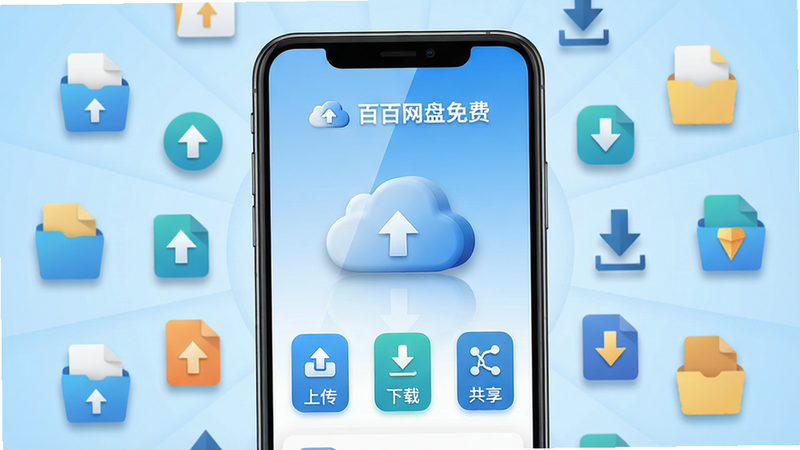 主体:一款名为“百百网盘免费”的安卓手机应用界面展示,手机屏幕占据画面中心,背景为浅蓝色渐变,手机屏幕上显示网盘主界面,包含“上传”、“下载”、“共享”等图标按钮,顶部有“百百网盘免费”字样和云朵Logo。布局:手机居中,周围环绕着文件图标、上传箭头、下载箭头等元素,整体呈放射状排列。排版:画面简洁,图标排列整齐,有层次感,文字清晰。风格:现代扁平化设计,色彩明快,科技感强,干净整洁。细节:手机屏幕反射出微弱光泽,文件图标带有阴影,云朵Logo立体感强。画质:高清渲染,干净无多余元素。
