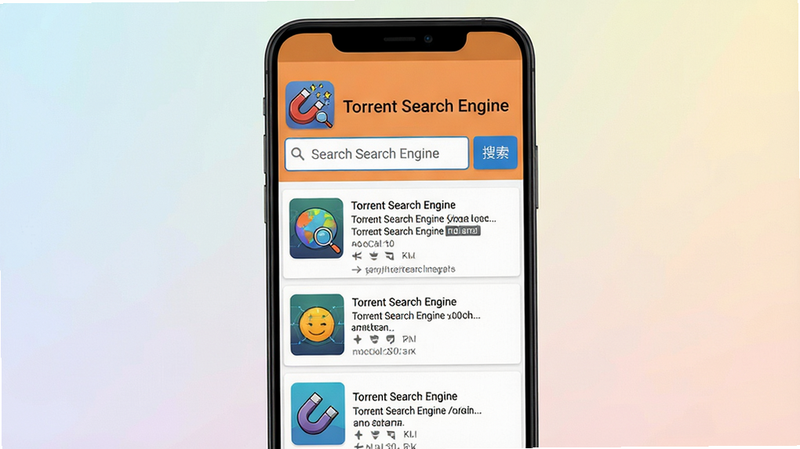 主体:一款名为“Torrent Search Engine”的安卓手机应用界面,屏幕中显示搜索框和磁力链接结果列表。布局:手机居中,屏幕内容清晰可见,背景为浅色渐变。排版:界面简洁,顶部为搜索栏,下方排列着资源条目。风格:现代扁平化设计,色彩明快。细节:应用图标带有磁铁和放大镜元素,屏幕上的文字显示“Torrent Search Engine”和“搜索”按钮。画质:高清,干净,无多余元素。