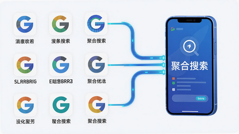 主体:Torrent Search Engine 应用的多引擎搜索示意图。布局:左侧为多个搜索引擎图标,右侧汇聚到中心手机屏幕。排版:图标整齐排列,用线条连接。风格:科技感插画。细节:每个图标下方有名称,中心屏幕显示“聚合搜索”字样。画质:清晰,干净,无多余元素。
