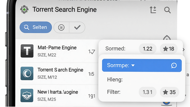 主体:Torrent Search Engine 的搜索结果列表界面,展示排序和过滤选项。布局:手机屏幕占据画面主体,下拉菜单展开显示排序方式。排版:列表项清晰,顶部有筛选按钮。风格:写实截图风格。细节:列表项显示文件名、大小、热度,筛选按钮高亮。画质:高清,干净,无多余元素。