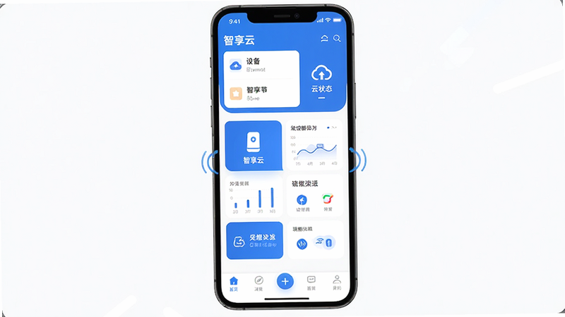 ��������Ϊ�����ֻ���Ļչʾ�������ơ�APP�����棬���涥����ʾ�豸�б�����״̬ͼ�꣬�в�Ϊ������ܿ�Ƭ���У��ײ�Ϊ�����������ֲ��þ��жԳƣ��������ƽ��������ɫ�Ͱ�ɫΪ��ɫ����ϸ�ڰ����豸ͼ�ꡢ����ͼ�������Ӷ����������������ɾ����޶���Ԫ�ء�
