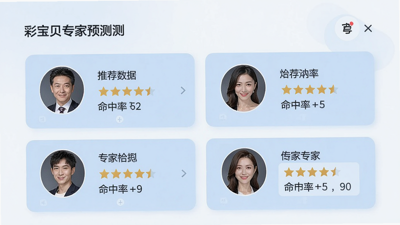 彩宝贝专家预测页面,展示多位专家头像与推荐数据,星级评分与命中率直观可见,背景浅蓝色卡片式布局,风格清爽,画质干净,无多余元素