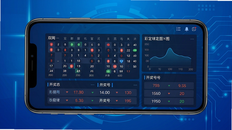 彩宝贝软件主界面展示,手机屏幕内显示双色球走势图与开奖号码,背景为蓝色科技感渐变,界面布局清晰,数据图表排列整齐,风格现代简约,画质高清干净,无多余元素