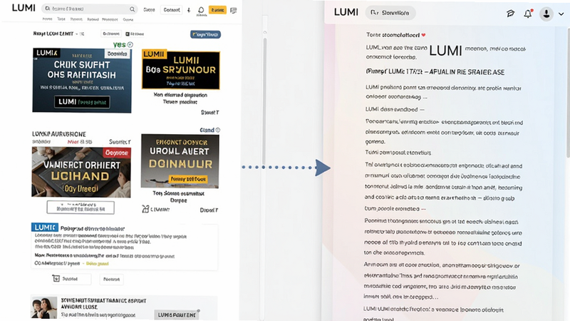 展示LUMI应用排版对比功能的图片,左侧是原始网页截图,带有杂乱广告与不规则文字,右侧是经过LUMI智能排版后的清爽阅读界面,文字段落分明,背景柔和,中央用虚线箭头连接左右两侧,强调净化效果,图片风格写实,界面细节清晰,画质干净,无多余元素