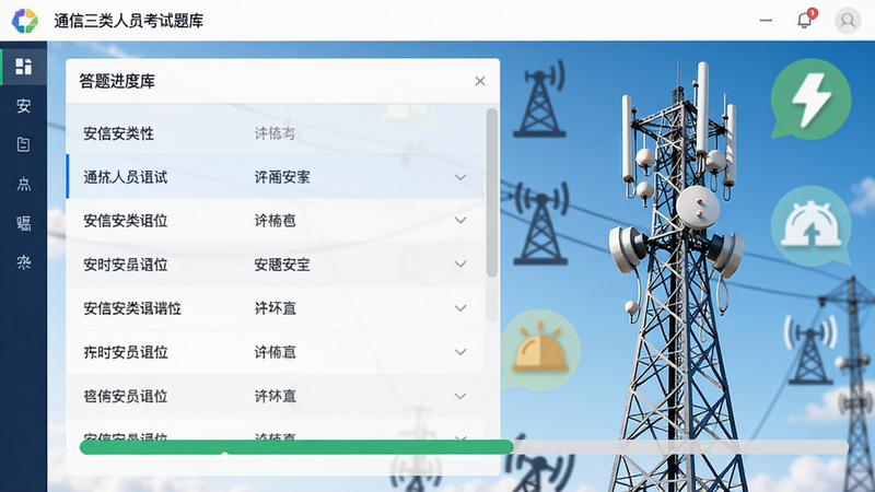 通信三类人员考试题库界面,显示分类清晰的题目列表和答题进度条,背景为安全生产图标和通信塔,画面明亮简洁,细节丰富,画质高清,干净无多余元素