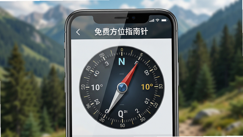 主体:一款智能手机屏幕特写,屏幕中显示“免费方位指南针”应用界面,指针指向正北,周围有刻度盘和经纬度数据。布局:手机居中,背景为模糊的户外山林景色,突出应用界面。排版:界面清晰,数字与刻度醒目。风格:写实科技感,色彩明亮。细节:指针阴影、玻璃反光、屏幕边缘高光。画质:4K高清,干净,无多余元素。