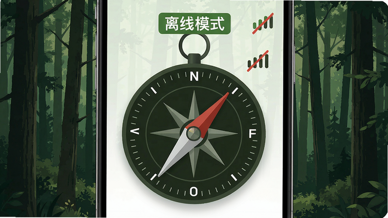 主体:手机应用界面展示离线模式下的指南针,显示“离线模式”标识,背景为森林。布局:界面简洁,罗盘占据主要位置。排版:提示文字醒目。风格:自然清新。细节:信号图标带斜杠,罗盘指针转动。画质:高清,干净,无多余元素。