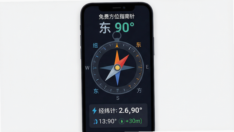 主体:手机应用界面展示“免费方位指南针”的实时方向数据,箭头指向东方,显示“东 90°”。布局:界面背景为深色,中央为罗盘仪表,下方为经纬度坐标。排版:数字大而清晰,色彩对比鲜明。风格:现代扁平化设计。细节:罗盘刻度、方向标签、数据刷新动画。画质:高清晰度,干净,无多余元素。