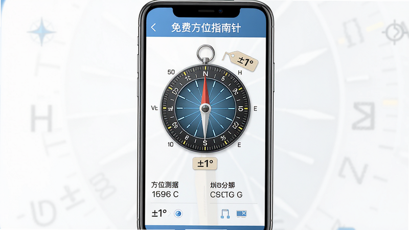 主体:手机应用界面显示“免费方位指南针”的精度测试结果,罗盘上标注“±1°”。布局:界面中央为罗盘,下方为测试数据。排版:数据清晰。风格:专业科技风。细节:精度标签、刻度线。画质:高清,干净,无多余元素。