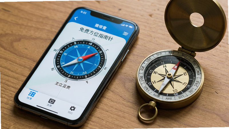 主体:一部手机平放在桌面上,屏幕显示“免费方位指南针”应用,旁边放着指南针实物。布局:手机与实物指南针并排,背景为木桌。排版:界面清晰。风格:写实摄影。细节:手机屏幕内容清晰可见。画质:高清,干净,无多余元素。