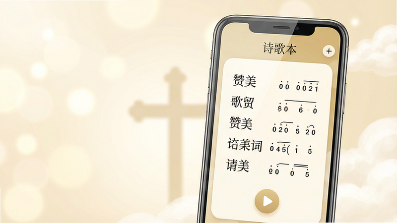 主体:一部打开的智能手机,屏幕显示“诗歌本”应用界面,界面中展示赞美诗歌词列表与简谱。布局:手机位于画面中央偏右,左侧留白,背景为柔和的光斑与十字架剪影。排版:手机屏幕内清晰可见“诗歌本”三个字及几行歌词文字,下方有播放按钮图标。风格:写实与插画结合,色彩温暖明亮,以米白、淡金色为主,营造宁静敬拜氛围。细节:屏幕反光自然,歌词文字为黑色宋体,界面按钮圆润,背景有淡淡的云彩纹理。画质:高清渲染,干净,无多余元素。