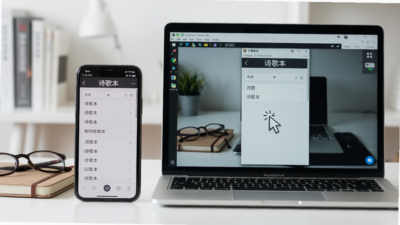 主体:一部手机与一台笔记本电脑并排,手机屏幕显示“诗歌本”应用,电脑屏幕显示安卓模拟器中的同一应用。布局:手机在左,电脑在右,背景为简洁书房。排版:手机和电脑屏幕上均清晰显示“诗歌本”界面。风格:写实照片,光线明亮,突出设备对比。细节:手机屏幕有歌词列表,电脑屏幕有鼠标指针,桌面有笔记本和眼镜。画质:高清,干净,无多余元素。