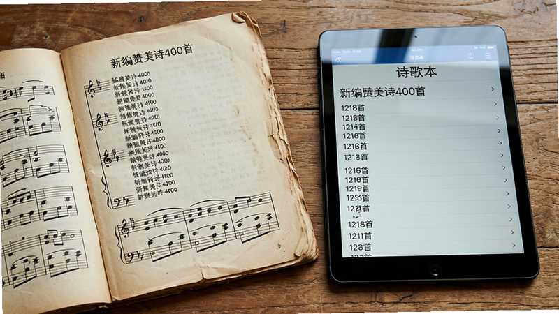 主体:一张展开的纸质赞美诗乐谱与一台平板电脑并排,平板屏幕上显示“诗歌本”应用的诗歌曲目列表。布局:乐谱在左,平板在右,形成对比,背景为木质桌面。排版:平板屏幕上列出“新编赞美诗400首”、“1218首”等分类条目,文字清晰。风格:写实摄影风格,光线柔和,突出纸质与屏幕的质感差异。细节:乐谱纸张微微泛黄,有翻页痕迹,平板屏幕反光自然,桌面纹理可见。画质:高解析度,干净,无多余元素。