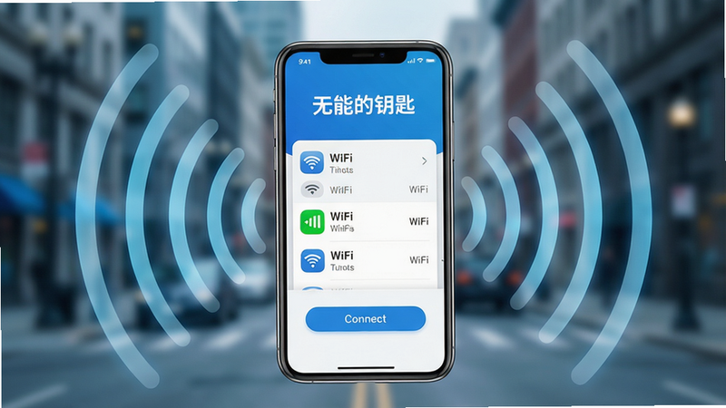 主体:一部智能手机屏幕显示“无能的钥匙”应用界面,周围有WiFi信号波纹扩散,背景为模糊的城市街景。布局:手机居中,信号波纹向四周发散,街景虚化作为背景。排版:手机屏幕内清晰展示应用名称“无能的钥匙”和连接按钮,界面简洁。风格:现代科技感,明亮清晰,色彩以蓝色和白色为主。细节:屏幕上模拟显示多个WiFi列表,其中一个信号满格。画质:高清渲染,干净无多余元素,专业软件预览图。