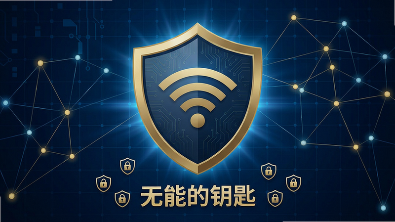 主体:一个盾牌图标中央带有WiFi信号符号,背景是数字化的网络节点连线。布局:盾牌置于画面中心,背景为深蓝色科技网格,光线从图标后方透出。排版:盾牌下方有“无能的钥匙”字样,周围环绕小型安全验证图标。风格:安全科技风,色调以深蓝和金色为主,突出防护感。细节:盾牌表面有细微的电路纹理,背景节点连接形成防护网。画质:高精度渲染,干净无杂质。