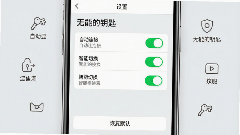 主体:手机屏幕显示“无能的钥匙”设置界面,包含“自动连接”、“智能切换”等开关选项。布局:手机居中,屏幕内容清晰展示各功能开关,周围有简洁的图标装饰。排版:各项设置以列表形式呈现,顶部有“设置”标题,底部有“恢复默认”按钮。风格:清爽简约,绿色开关按钮突出。细节:每个开关旁有简短说明文字,背景为淡灰色。画质:高清,无多余元素。