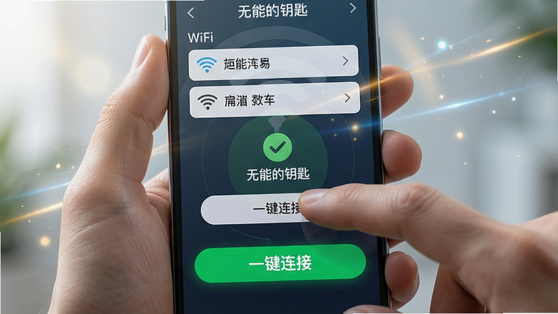 主体:一只手拿着手机点击“无能的钥匙”应用中的“一键连接”按钮,手机屏幕上显示WiFi列表。布局:手部动作特写,手机屏幕正对镜头,周围有少量光效点缀。排版:屏幕下方有醒目的“一键连接”绿色按钮,上方列出三个WiFi热点名称。风格:写实与科技感结合,光线明亮柔和。细节:手机屏幕上显示连接成功的提示图标,握持方式自然。画质:4K超清,细节丰富,无多余元素。