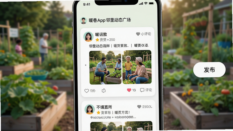 主体:暖巷App的邻里动态广场界面,屏幕上展示多条图文动态卡片,有用户点赞和评论的图标,背景是模糊的社区花园。布局:手机屏幕为主,动态卡片纵向排列,右侧有悬浮的“发布”按钮。排版:卡片式设计,间距均匀,视觉流畅。风格:清新自然,色调明亮,突出社区活力。细节:动态卡片包含头像、内容、图片缩略图和互动按钮,文字清晰。画质:高清,干净,无多余元素。