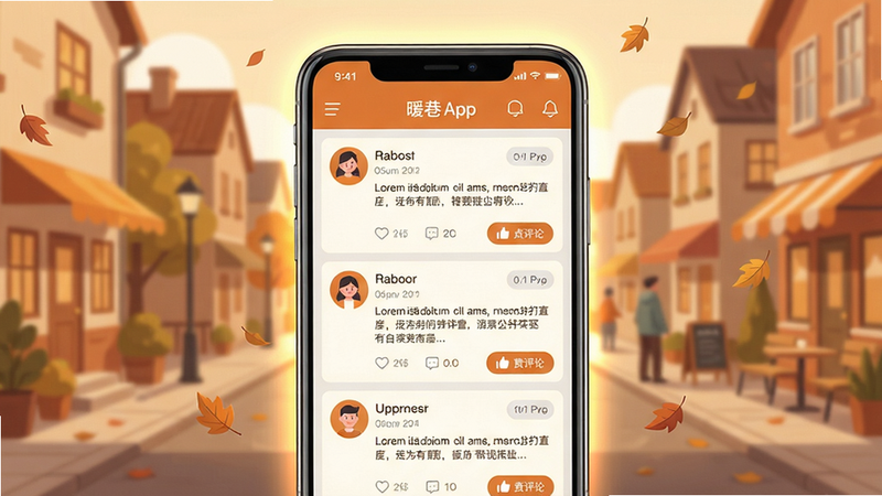主体:暖巷App界面展示,手机屏幕内呈现社区动态列表,包含用户头像、昵称、发布内容及点赞评论按钮,背景为温馨的社区街景,暖色调。布局:手机居中,屏幕内容清晰可见,周围有柔和的光晕和飘落的树叶装饰。排版:界面元素排列整齐,信息层级分明。风格:扁平化设计,色彩以暖橙、米白为主,搭配浅灰辅色。细节:界面文字清晰,图标精致,背景虚化处理,突出手机屏幕。画质:高清渲染,干净整洁,无多余元素。
