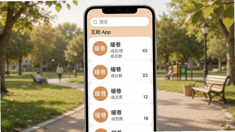 主体:暖巷App的互助小组页面,展示小组列表,每个小组有图标和成员数,背景是社区公园。布局:手机屏幕展示,小组列表纵向排列,顶部有搜索框。排版:列表式设计,信息简洁。风格:自然温馨,色调柔和。细节:小组图标为圆形,包含“暖巷”字样,成员数清晰可见。画质:高清,干净,无多余元素。