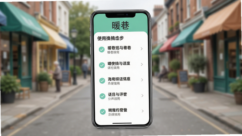 主体:手机屏幕展示暖巷App的使用指南界面,屏幕上列出操作步骤,背景为社区街道。布局:手机居中,屏幕内容为步骤列表,有勾选标记。排版:步骤清晰,文字易读。风格:简洁,色调清新。细节:屏幕上有“暖巷”Logo,步骤文字为黑色,背景虚化。画质:高清,干净,无多余元素。